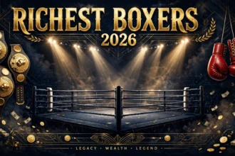Richest boxers 2026 — championship belts, boxing gloves and money in a boxing ring