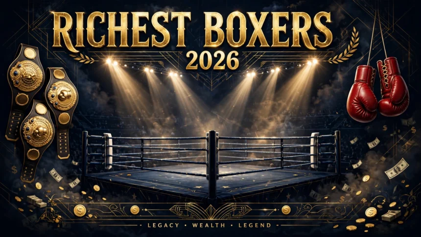 Richest boxers 2026 — championship belts, boxing gloves and money in a boxing ring